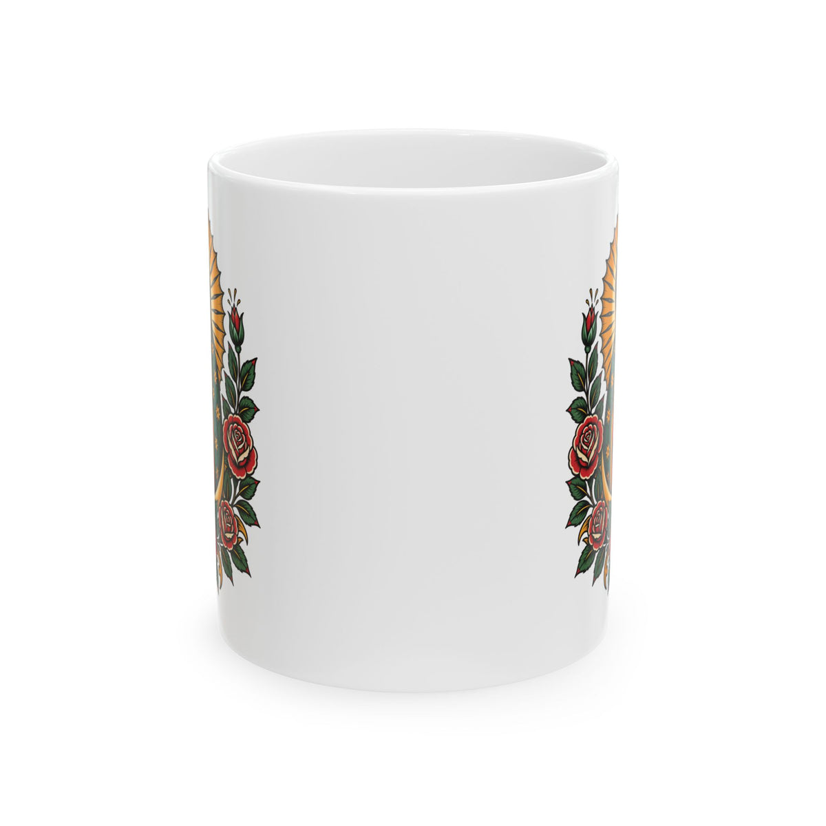 Floral Sacred Heart Ceramic Mug (11oz, 15oz) — Rose & Radiant Halo Coffee Cup