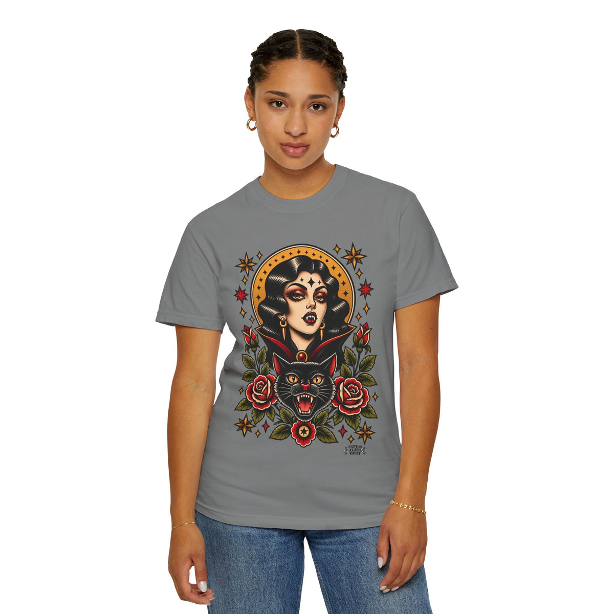 Vampire Woman & Black Cat Tattoo Flash T‑Shirt