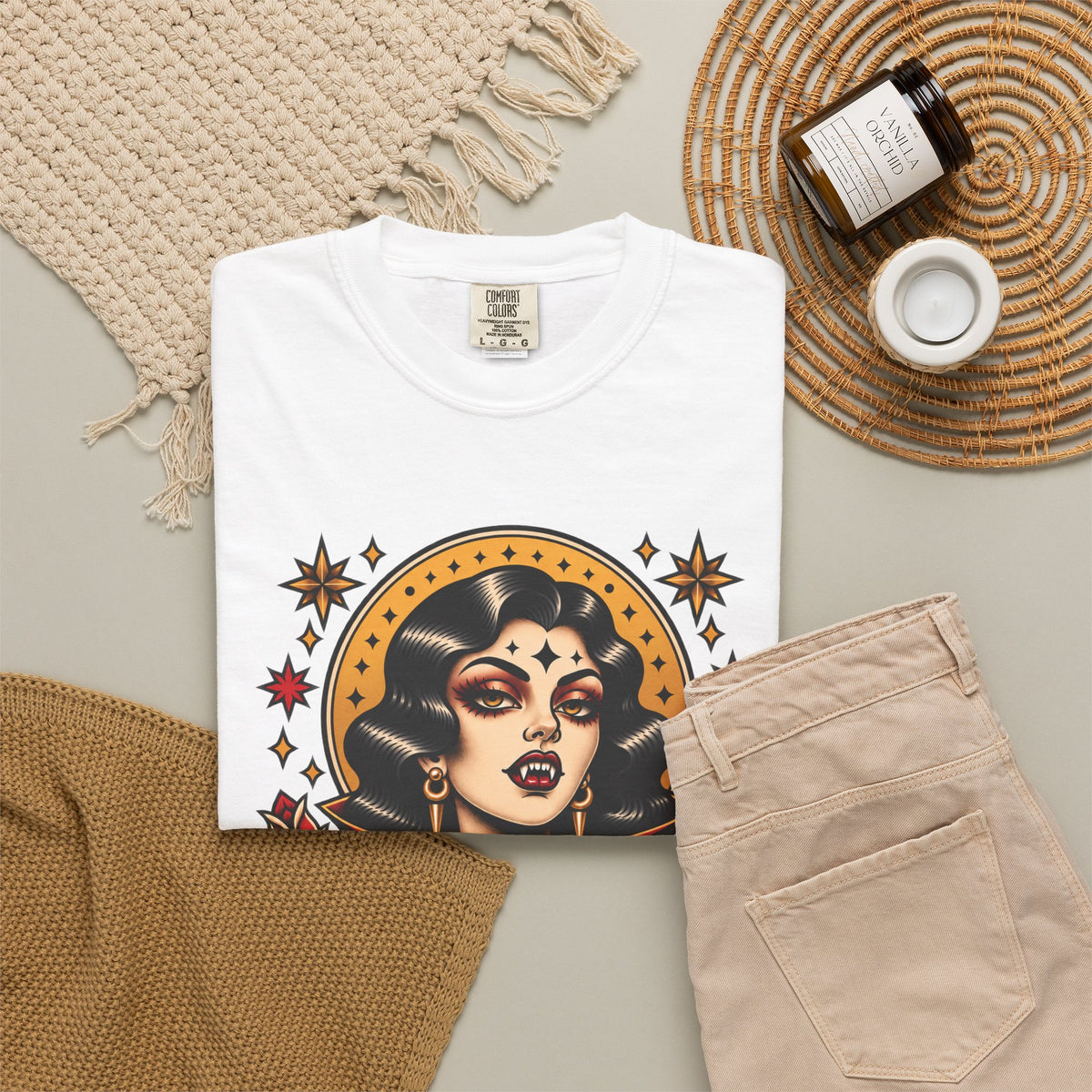 Vampire Woman & Black Cat Tattoo Flash T‑Shirt