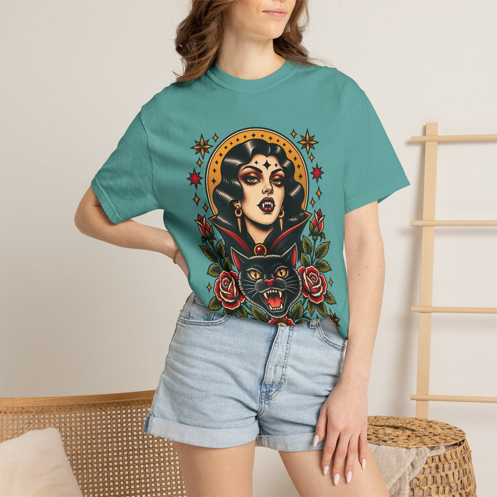 Vampire Woman & Black Cat Tattoo Flash T‑Shirt