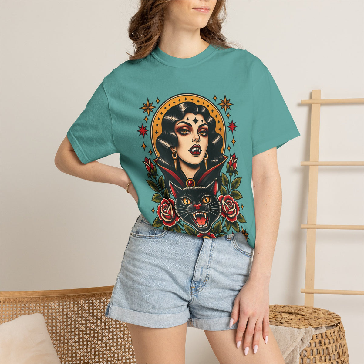 Vampire Woman & Black Cat Tattoo Flash T‑Shirt
