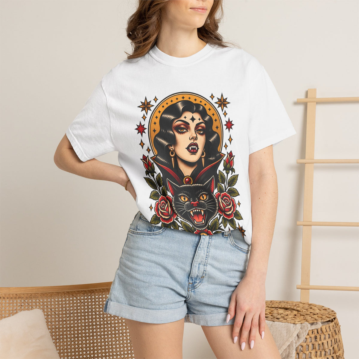 Vampire Woman & Black Cat Tattoo Flash T‑Shirt