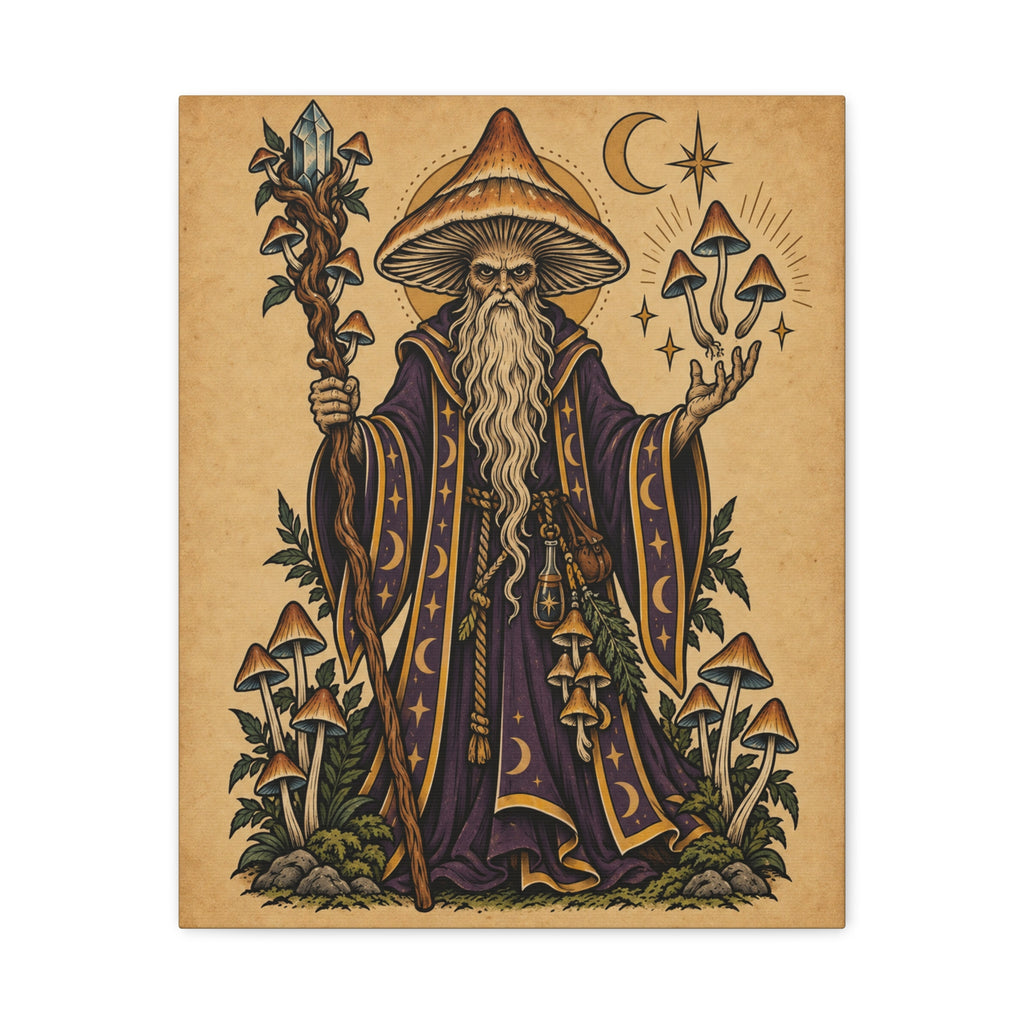 Psilocybin Mushroom Wizard Tattoo Flash Canvas Wall Art