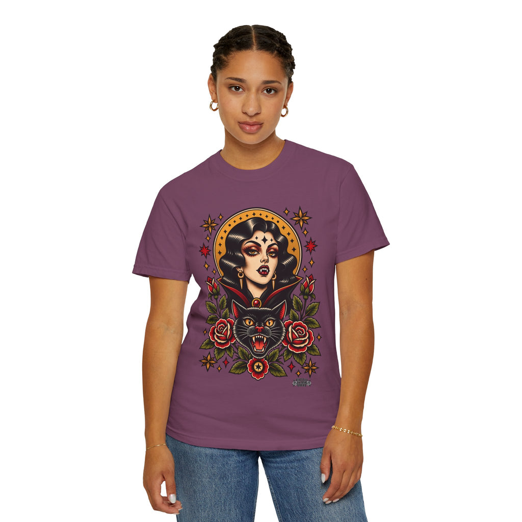 Vampire Woman & Black Cat Tattoo Flash T‑Shirt
