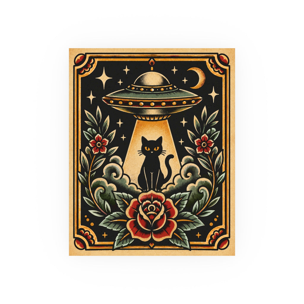 UFO & Black Cat Tattoo Flash Art Print (8x10 & 16x20)