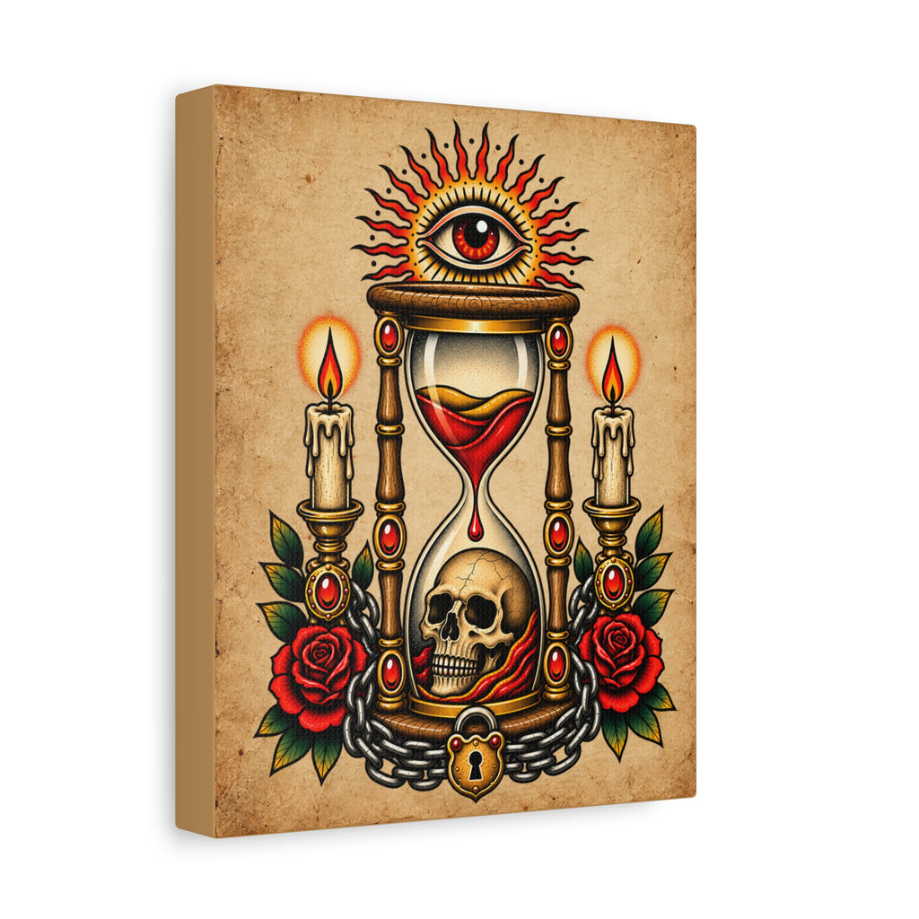 Hourglass & Skull Tattoo Flash Canvas Wall Art