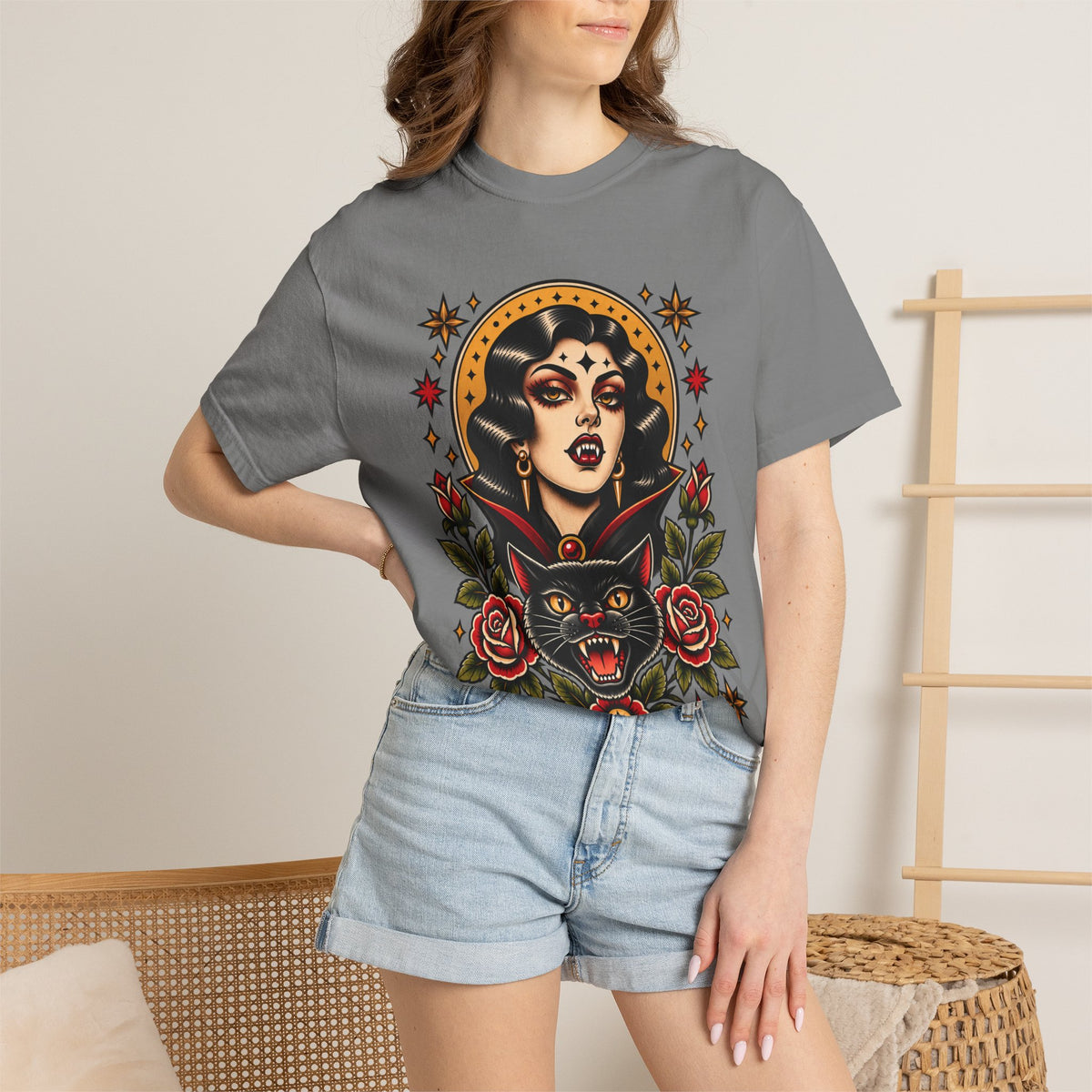 Vampire Woman & Black Cat Tattoo Flash T‑Shirt