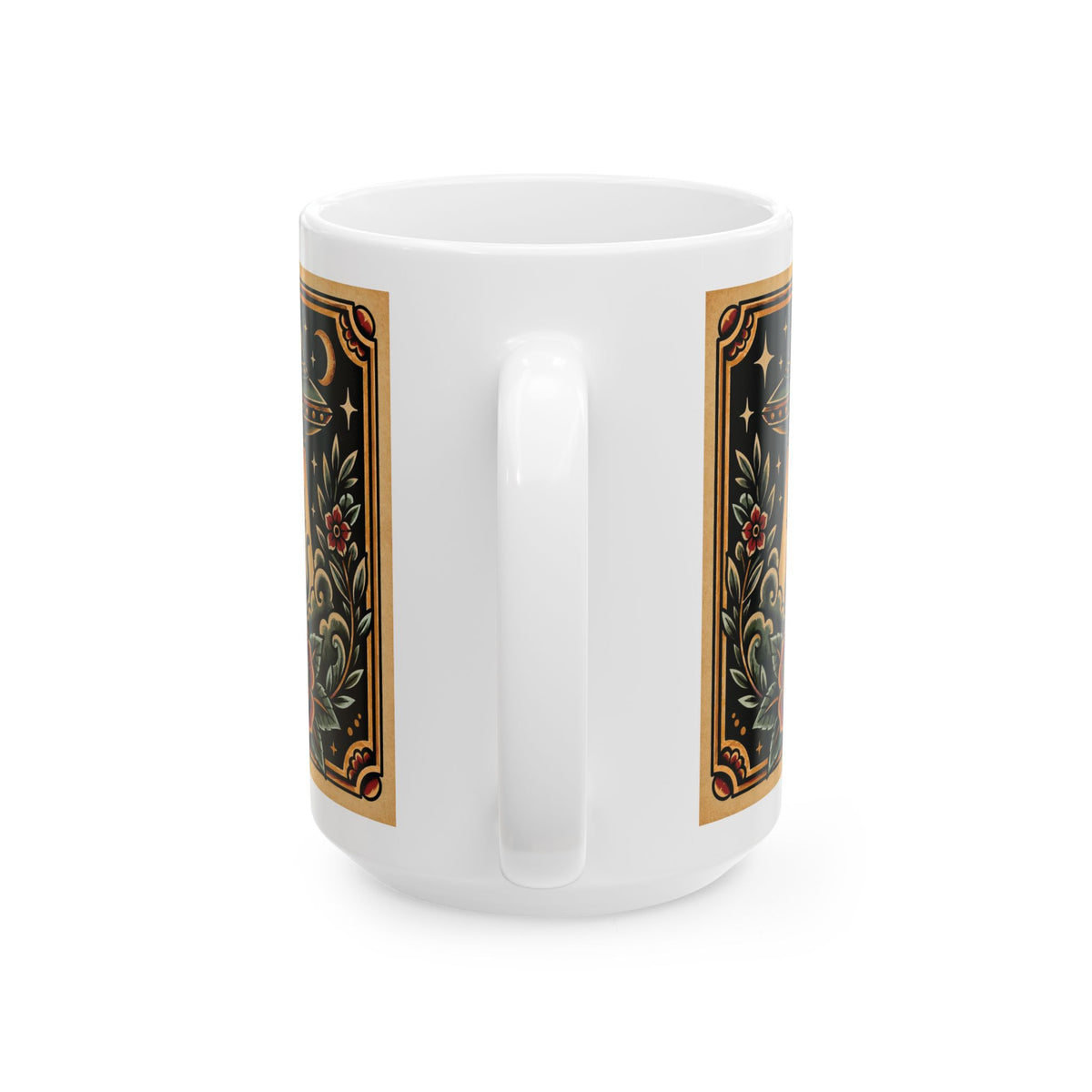 UFO & Black Cat Tattoo Flash Ceramic Coffee Mug (11oz, 15oz)