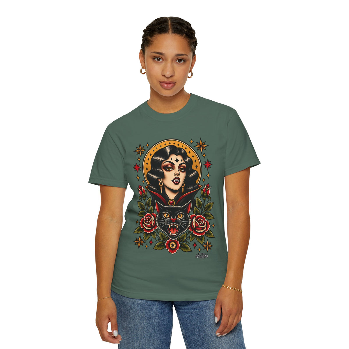Vampire Woman & Black Cat Tattoo Flash T‑Shirt