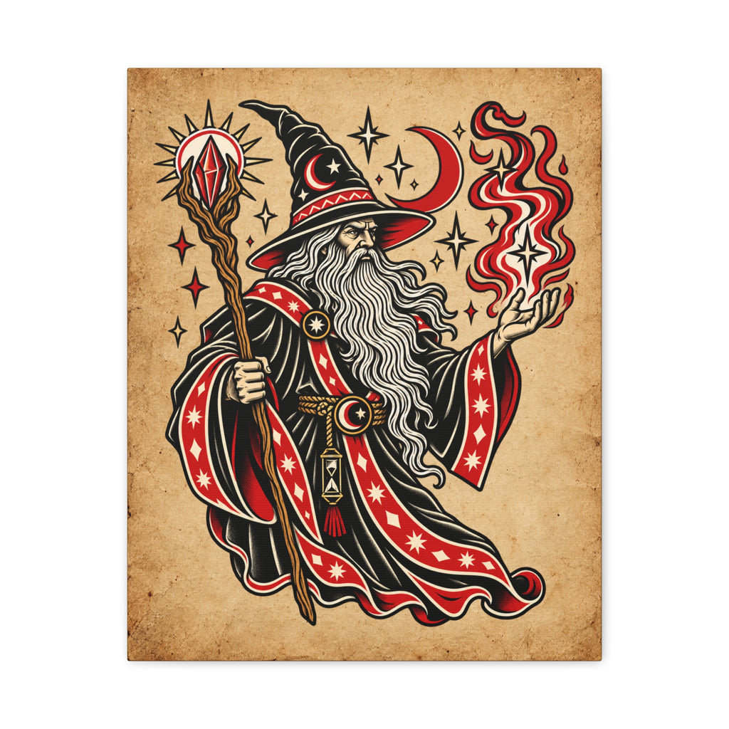 Fire Wizard Tattoo Flash Canvas Wall Art