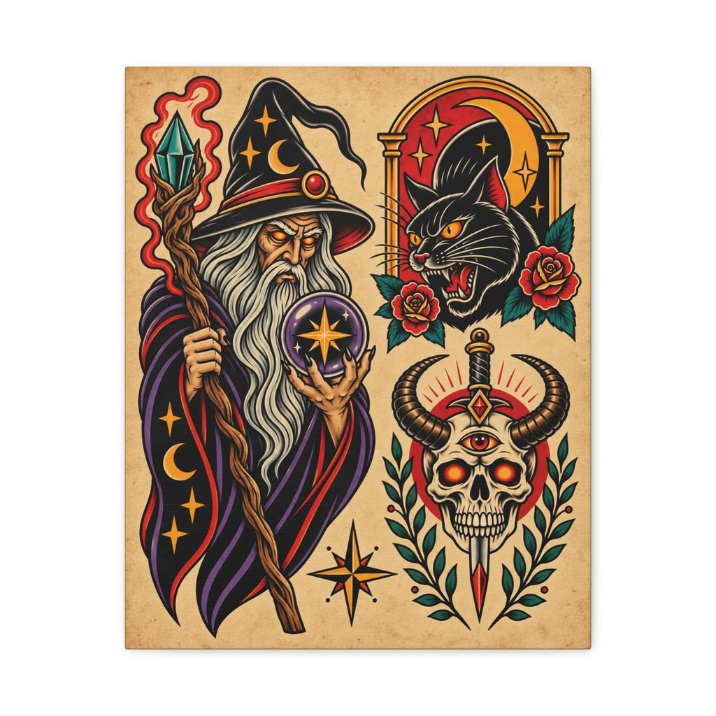 Wizard Tattoo Flash Sheet Canvas Wall Art