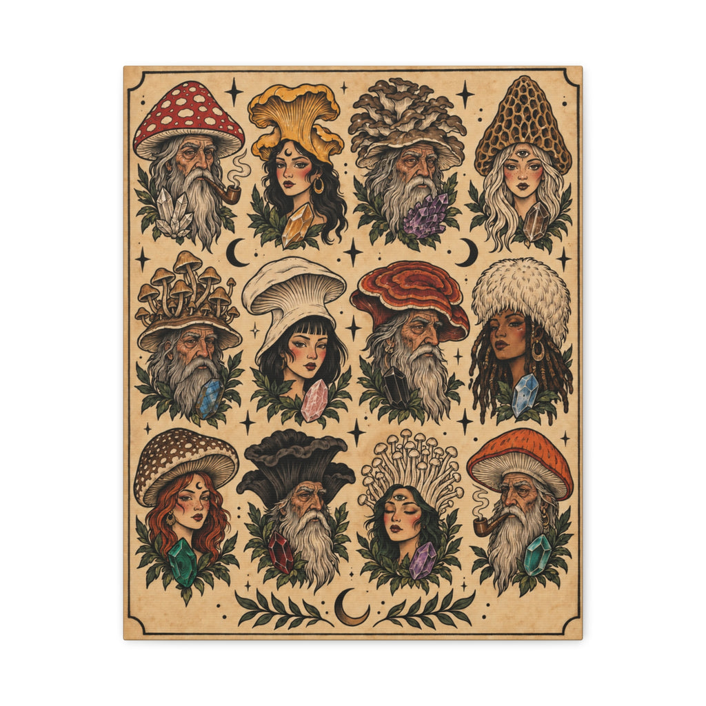 Mushroom Witches & Wizards Tattoo Flash Canvas Wall Art