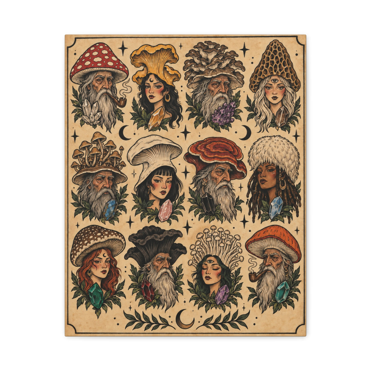 Mushroom Witches & Wizards Tattoo Flash Canvas Wall Art
