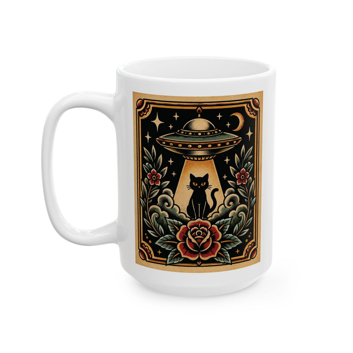 UFO & Black Cat Tattoo Flash Ceramic Coffee Mug (11oz, 15oz)