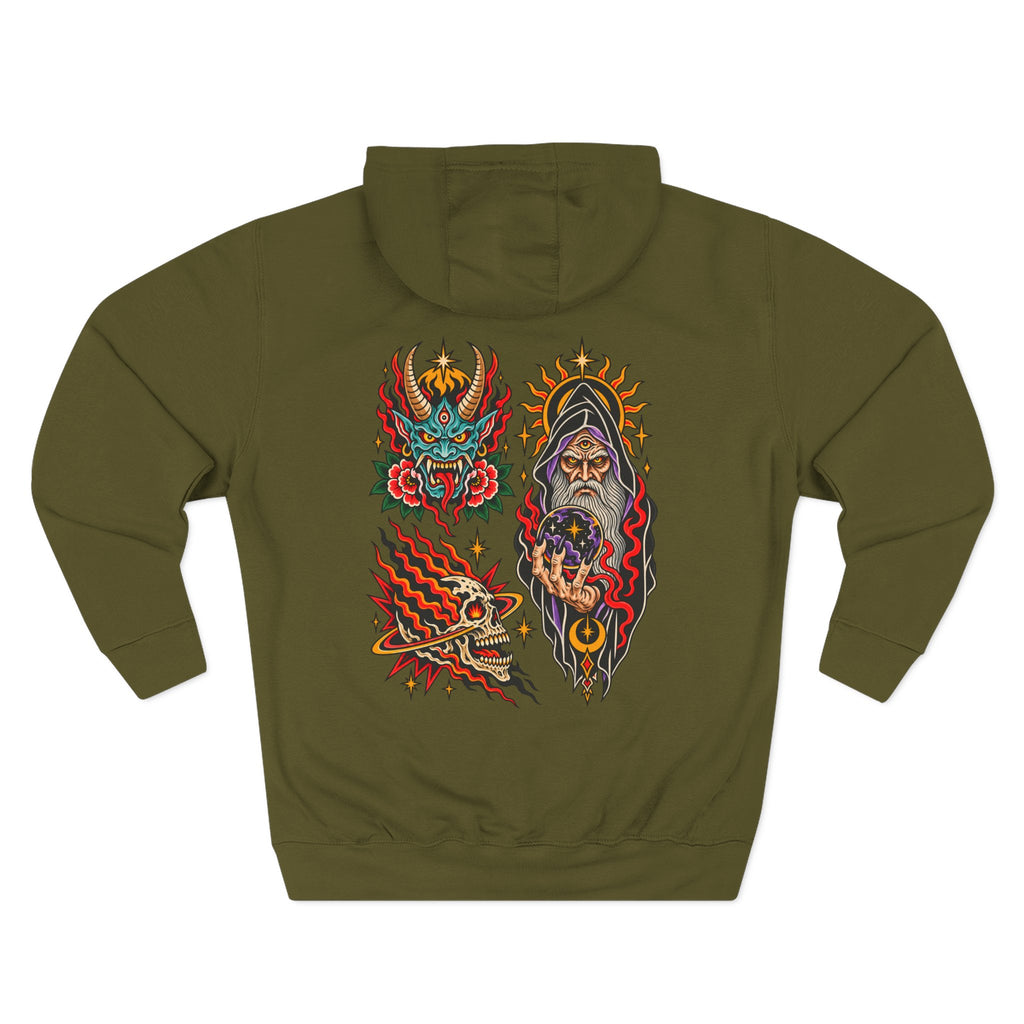 Wizard, Oni & Skull Tattoo Flash Pullover Hoodie (Back Design)