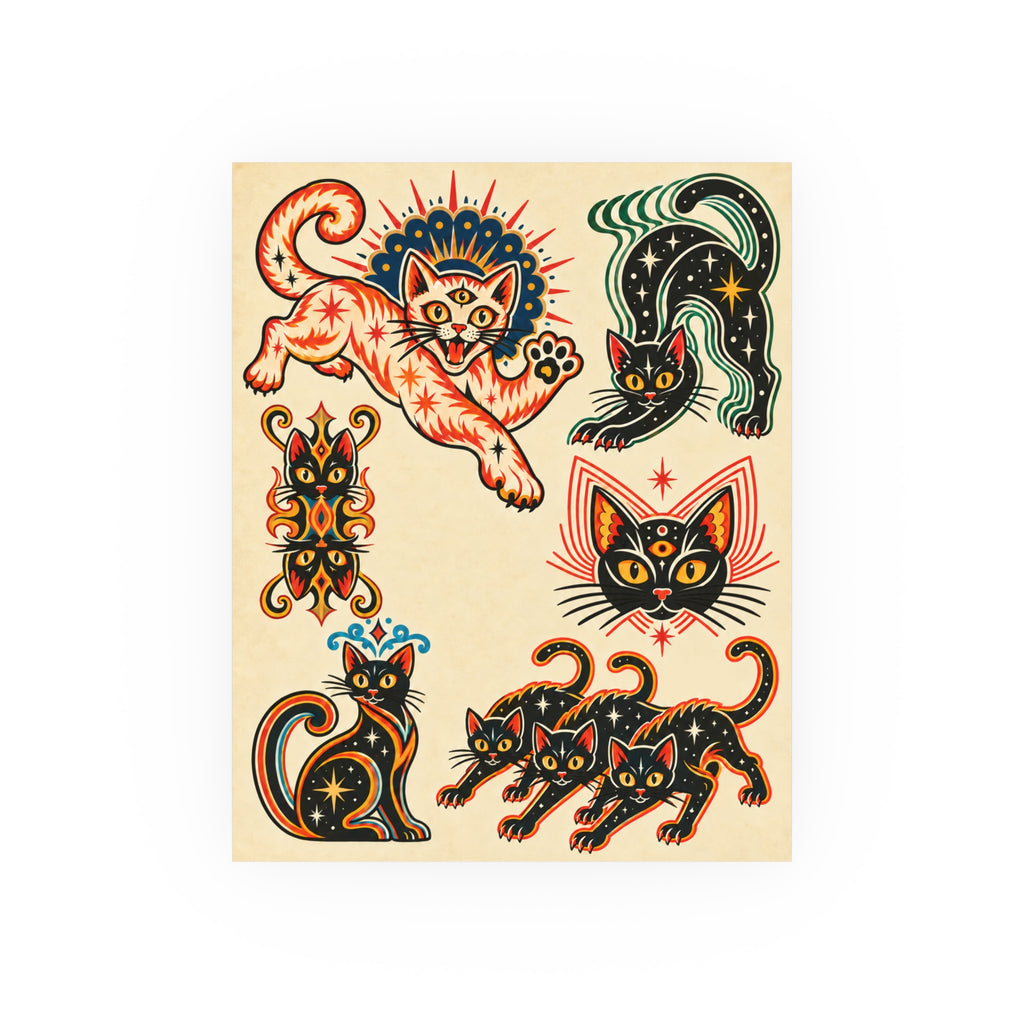 Abstract Cats Tattoo Flash Art Print (8x10 & 16x20)