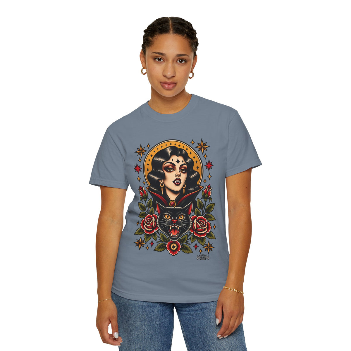 Vampire Woman & Black Cat Tattoo Flash T‑Shirt