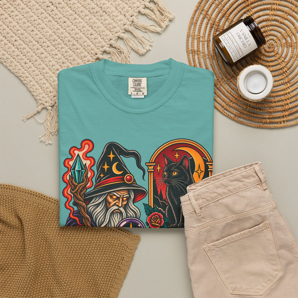 Wizard & Black Cat Tattoo Flash T-Shirt