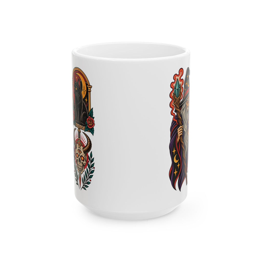 Wizard, Black Cat & Skull Tattoo Flash Coffee Mug (11oz & 15oz)