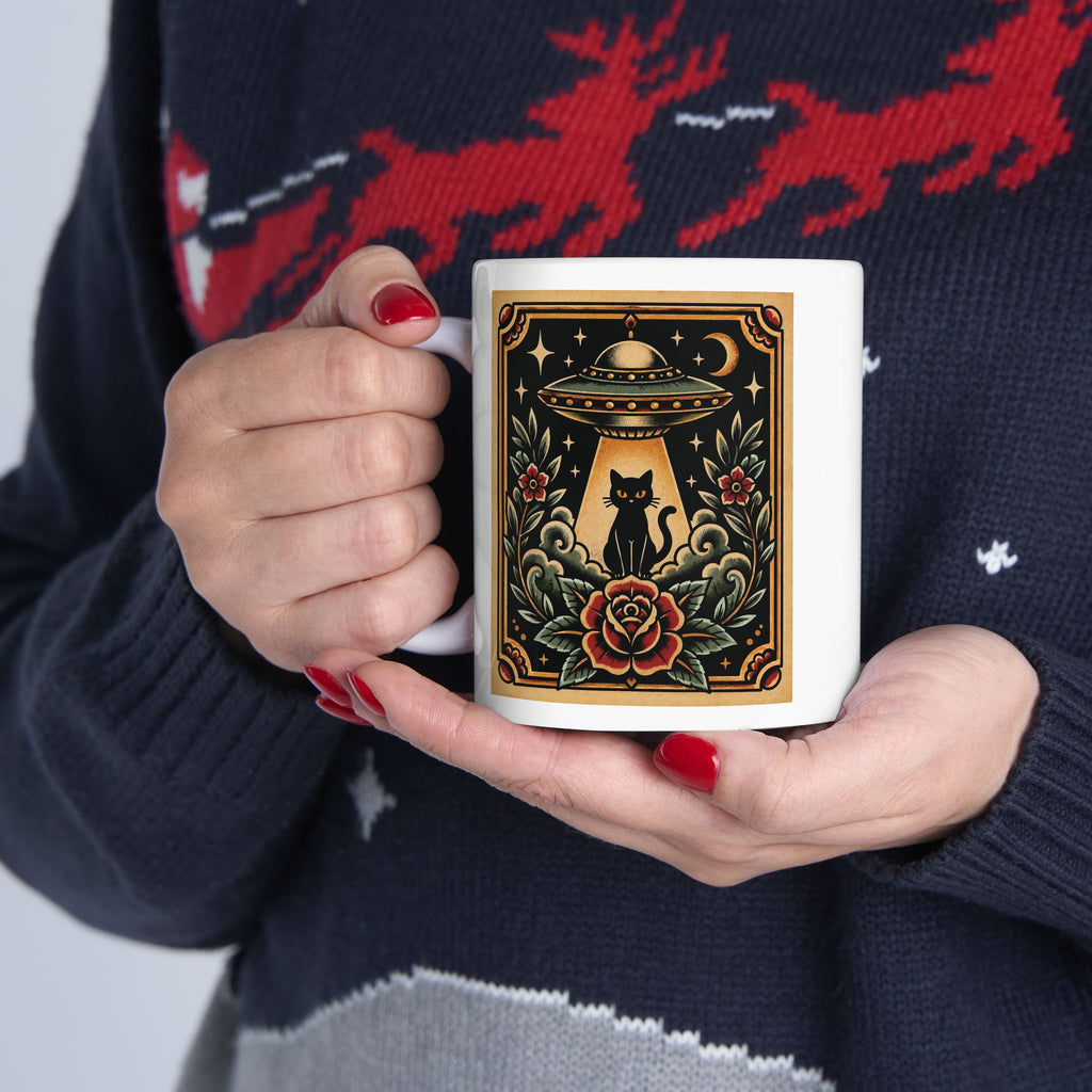 UFO & Black Cat Tattoo Flash Ceramic Coffee Mug (11oz, 15oz)