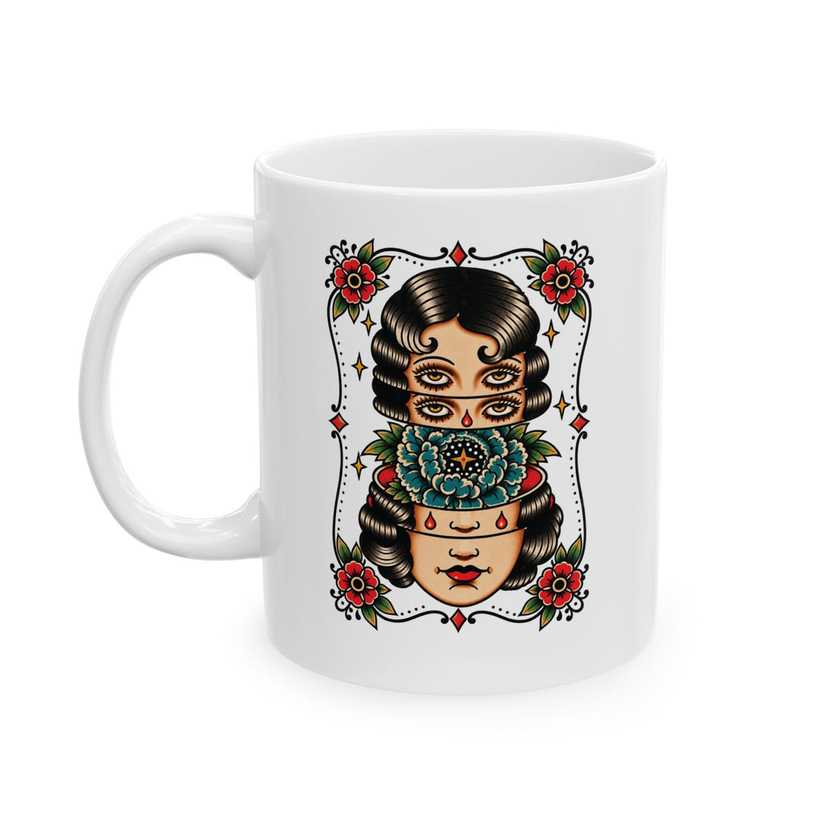 Floral Surreal Woman Tattoo Flash Ceramic Coffee Mug (11oz, 15oz)