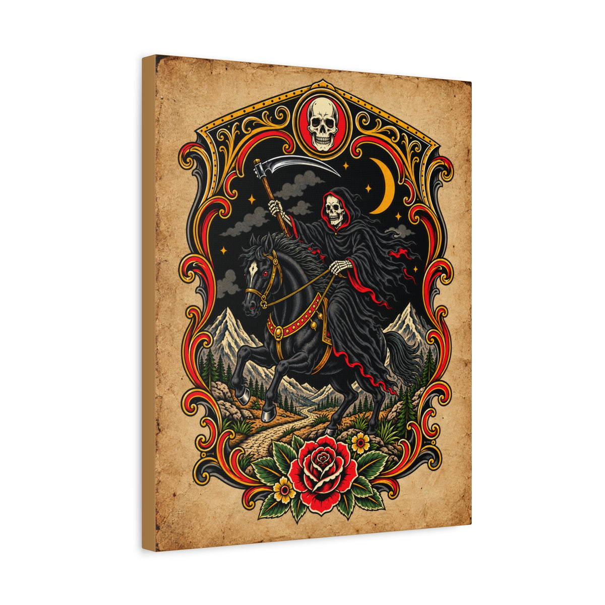 Grim Reaper Horsman Tattoo Flash Canvas Wall Art