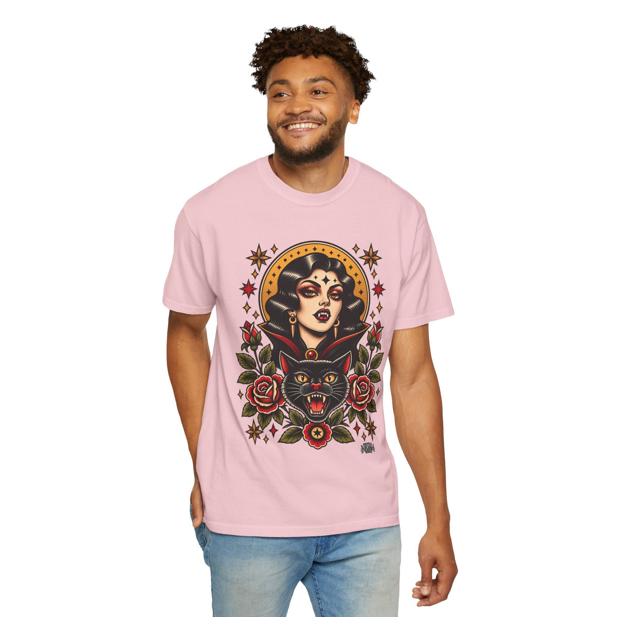 Vampire Woman & Black Cat Tattoo Flash T‑Shirt