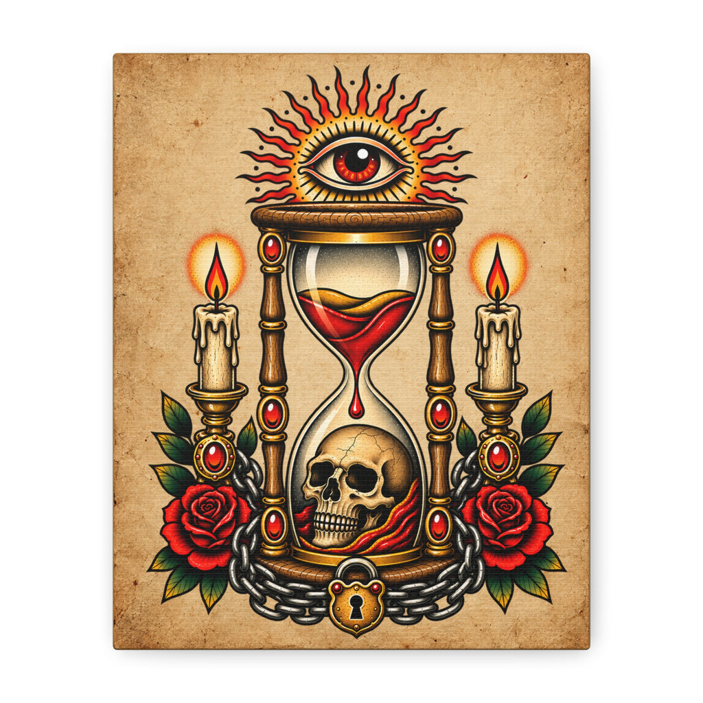Hourglass & Skull Tattoo Flash Canvas Wall Art