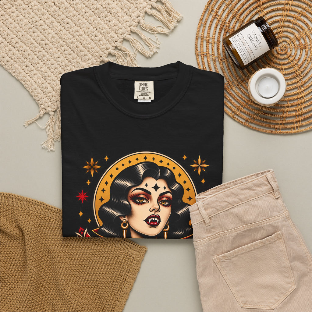 Vampire Woman & Black Cat Tattoo Flash T‑Shirt