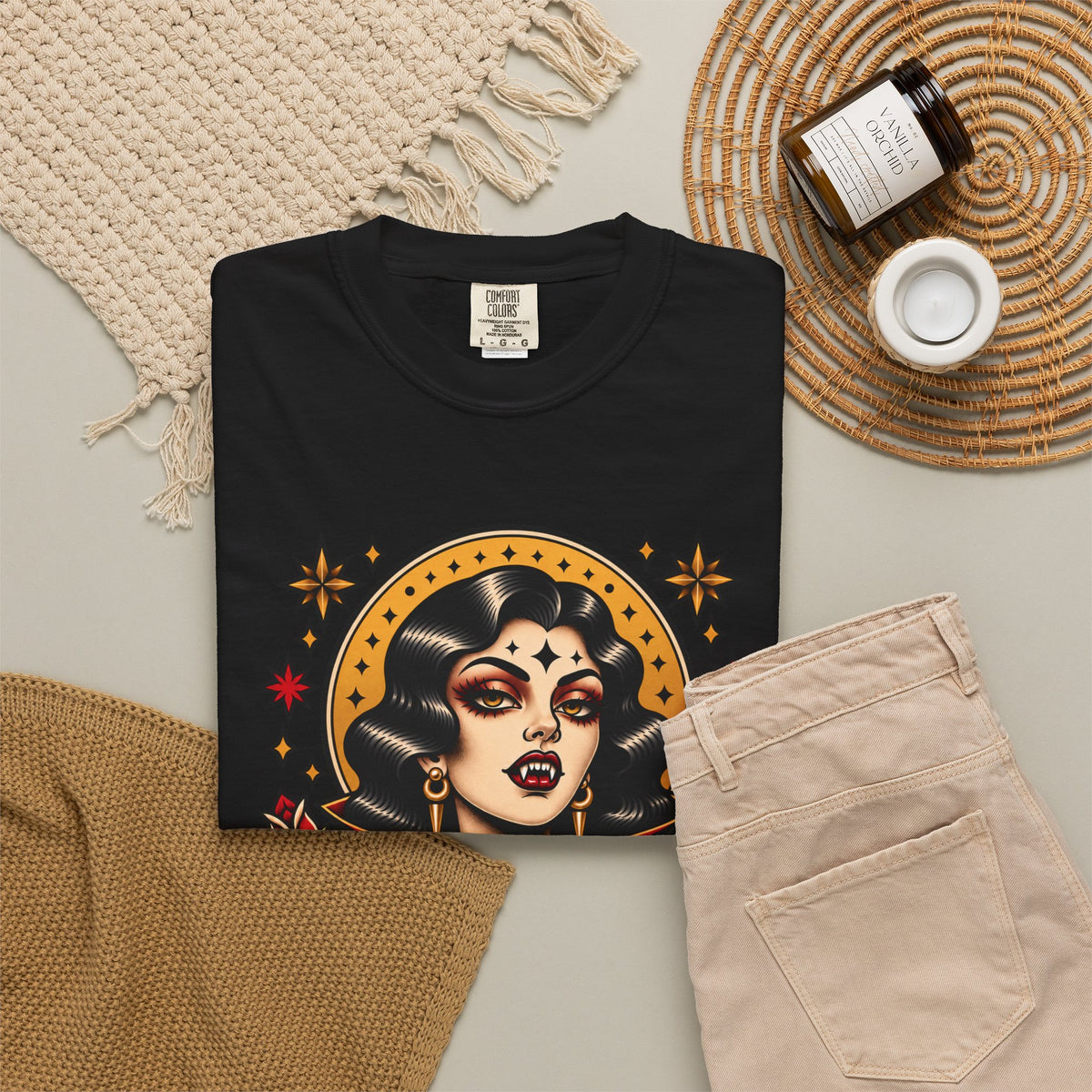 Vampire Woman & Black Cat Tattoo Flash T‑Shirt
