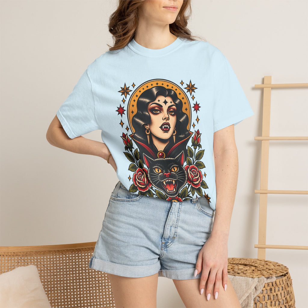 Vampire Woman & Black Cat Tattoo Flash T‑Shirt