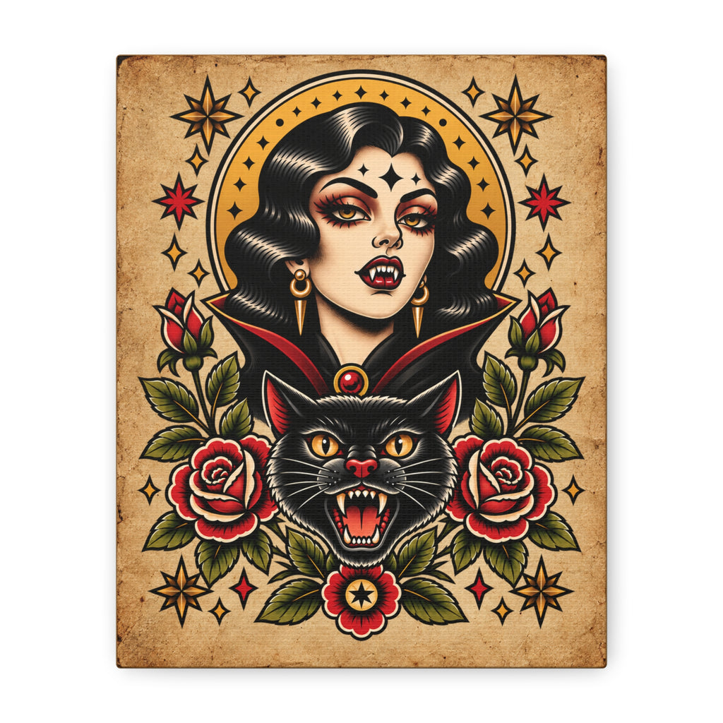 Vampire Woamn & Black Cat Tattoo Flash Canvas Wall Art