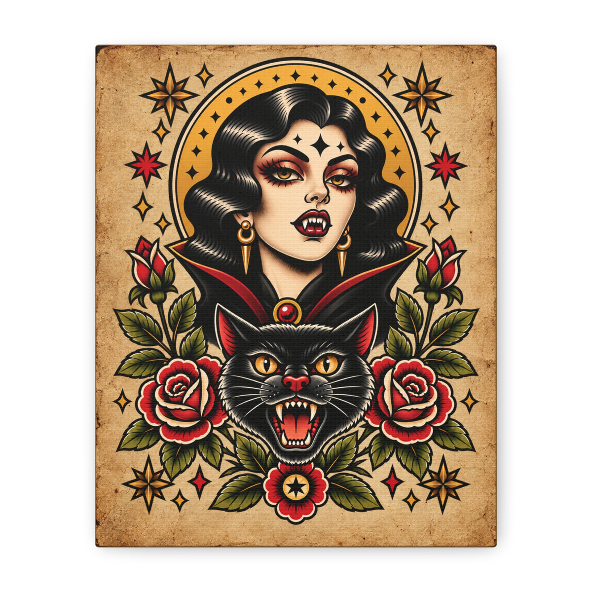 Vampire Woamn & Black Cat Tattoo Flash Canvas Wall Art
