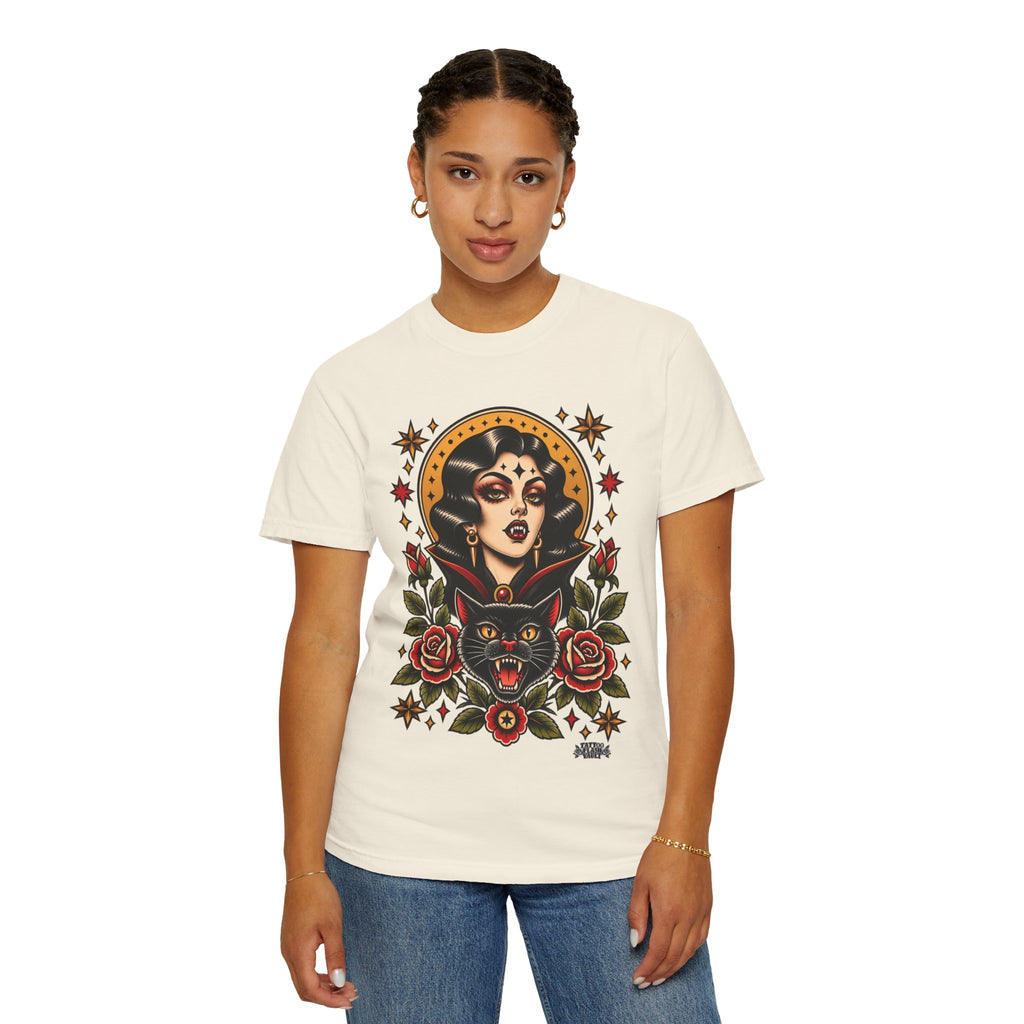 Vampire Woman & Black Cat Tattoo Flash T‑Shirt