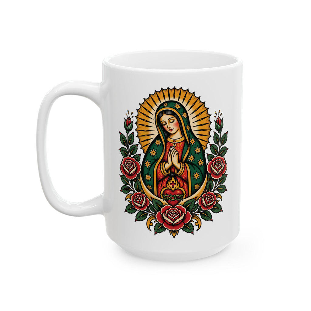 Floral Sacred Heart Ceramic Mug (11oz, 15oz) — Rose & Radiant Halo Coffee Cup