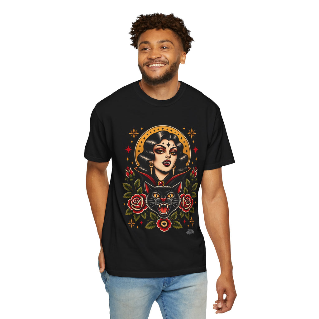 Vampire Woman & Black Cat Tattoo Flash T‑Shirt