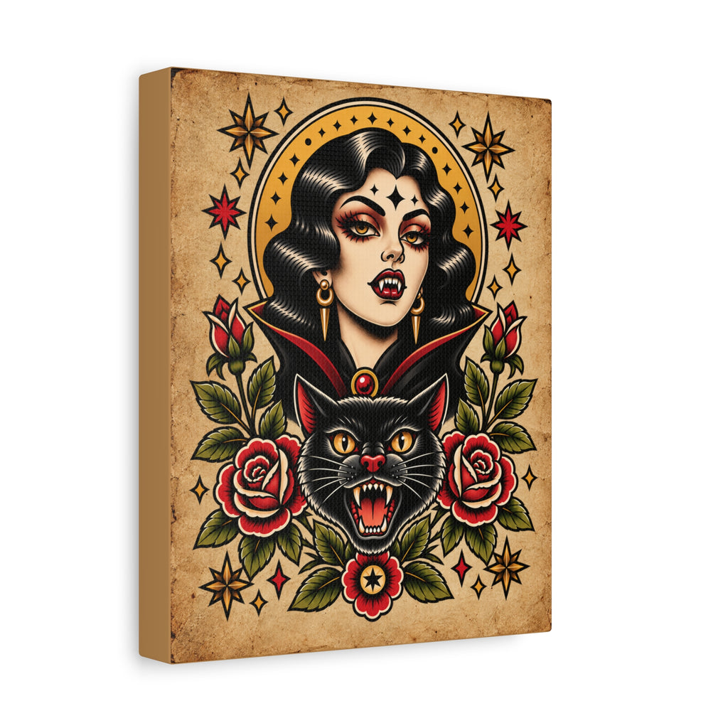 Vampire Woamn & Black Cat Tattoo Flash Canvas Wall Art