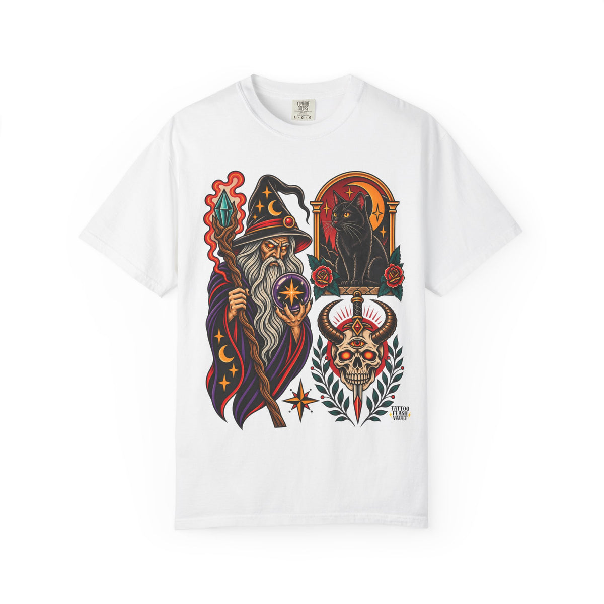 Wizard, Skull & Black Cat Tattoo Flash T-Shirt