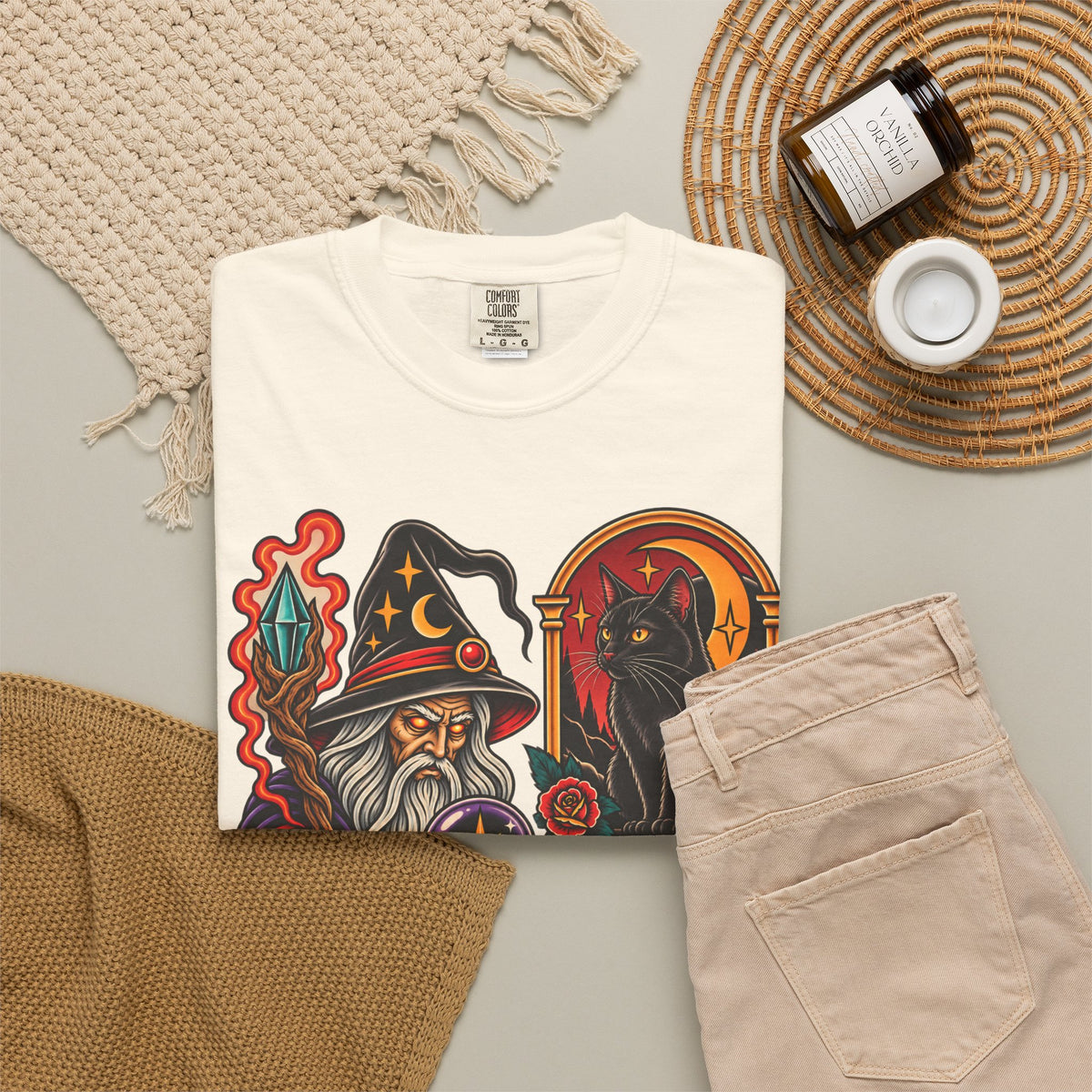 Wizard & Black Cat Tattoo Flash T-Shirt