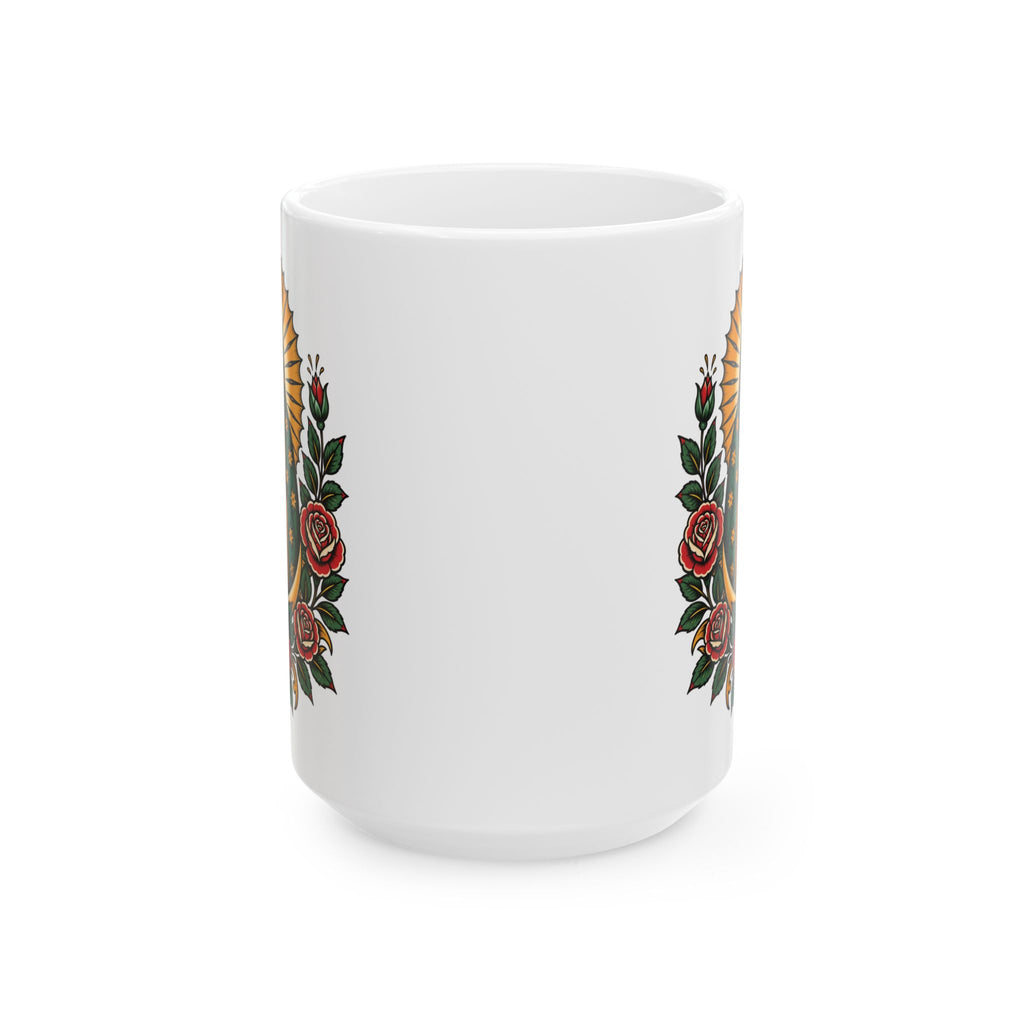 Floral Sacred Heart Ceramic Mug (11oz, 15oz) — Rose & Radiant Halo Coffee Cup