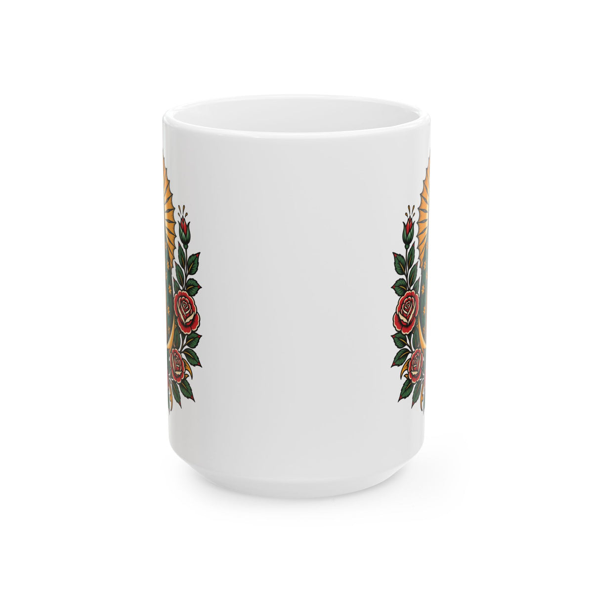 Floral Sacred Heart Ceramic Mug (11oz, 15oz) — Rose & Radiant Halo Coffee Cup