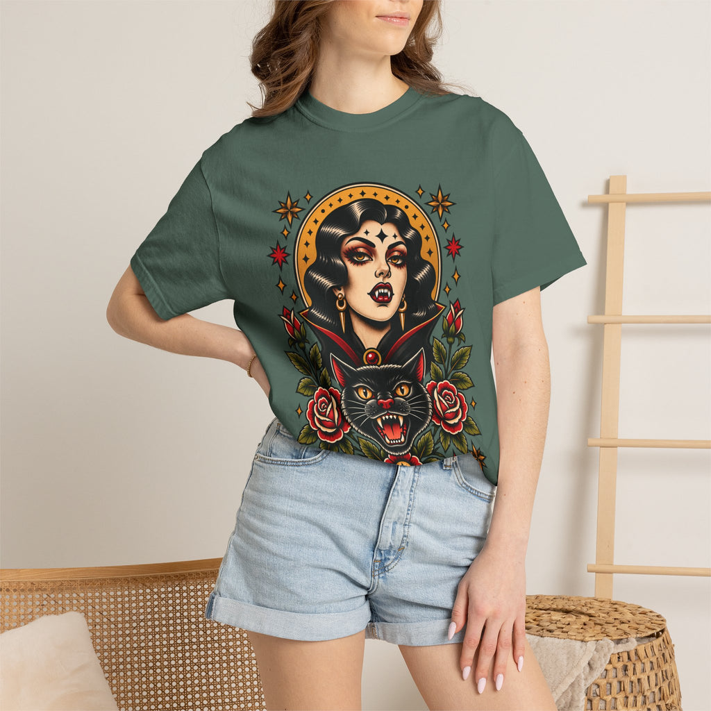 Vampire Woman & Black Cat Tattoo Flash T‑Shirt
