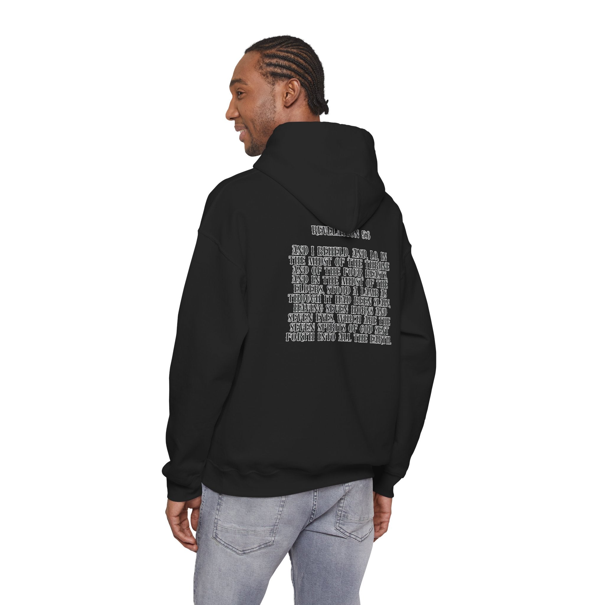 Sacrificial Lamb Hoodie with Revelation 5:6 Scripture Back Print