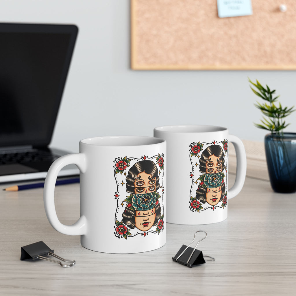 Floral Surreal Woman Tattoo Flash Ceramic Coffee Mug (11oz, 15oz)