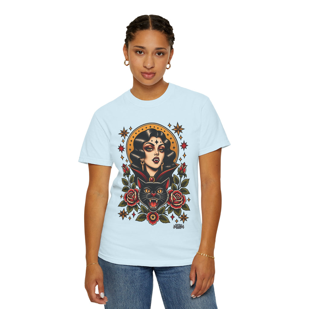 Vampire Woman & Black Cat Tattoo Flash T‑Shirt