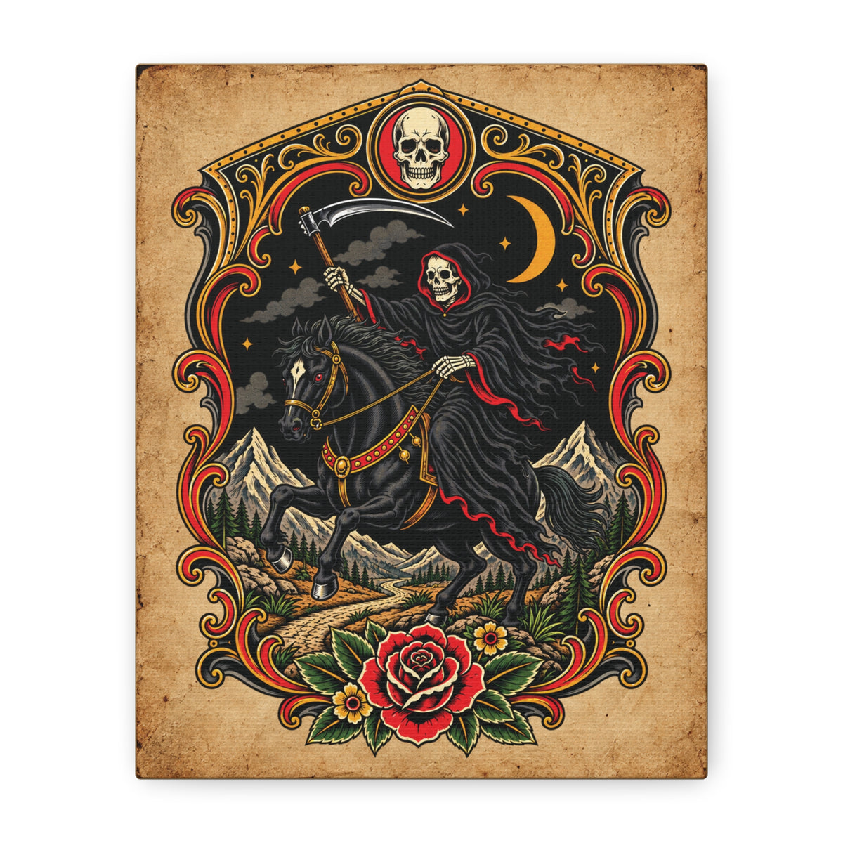 Grim Reaper Horseman Tattoo Flash Canvas Wall Art