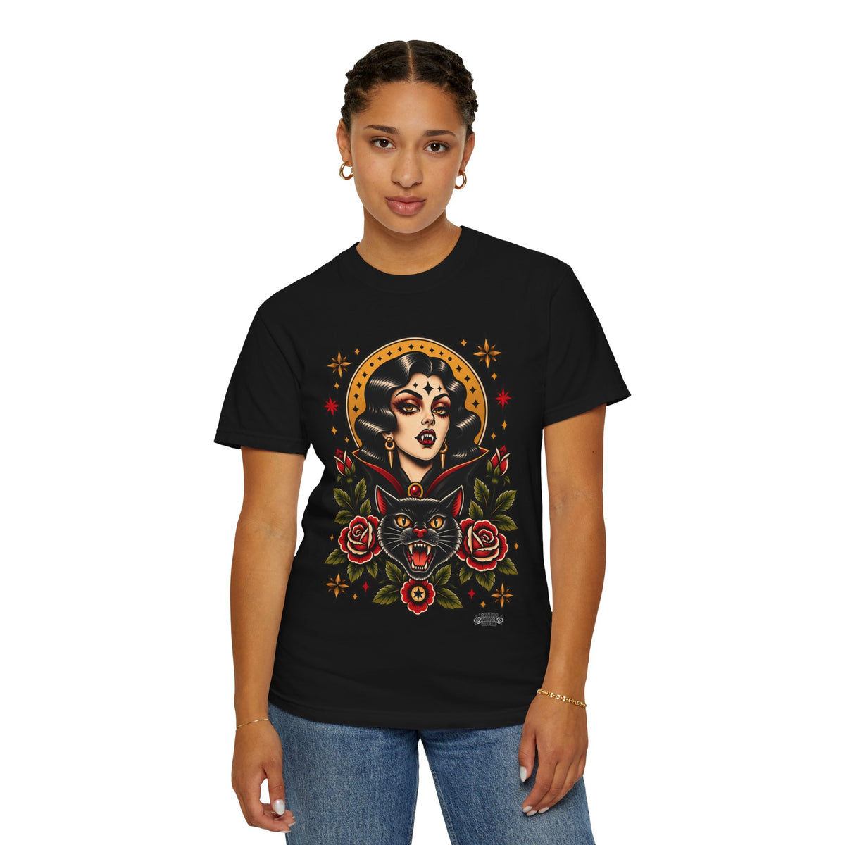 Vampire Woman & Black Cat Tattoo Flash T‑Shirt