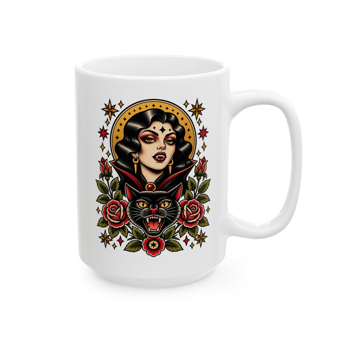 Vampire Woman & Black Cat Tattoo Flash Coffee Mug (11oz & 15oz)