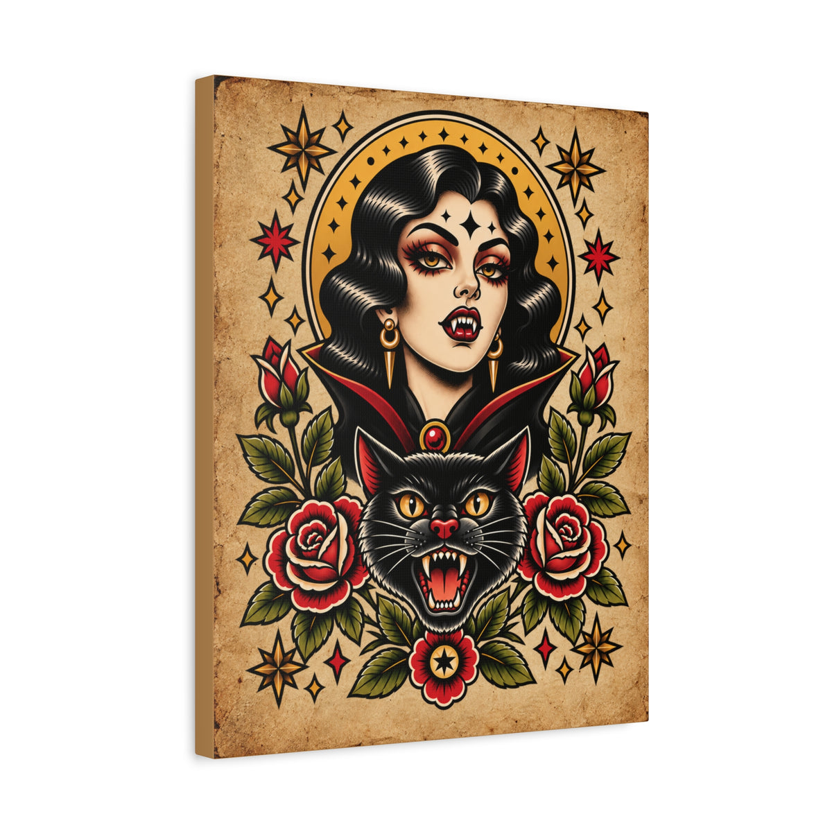 Vampire Woamn & Black Cat Tattoo Flash Canvas Wall Art