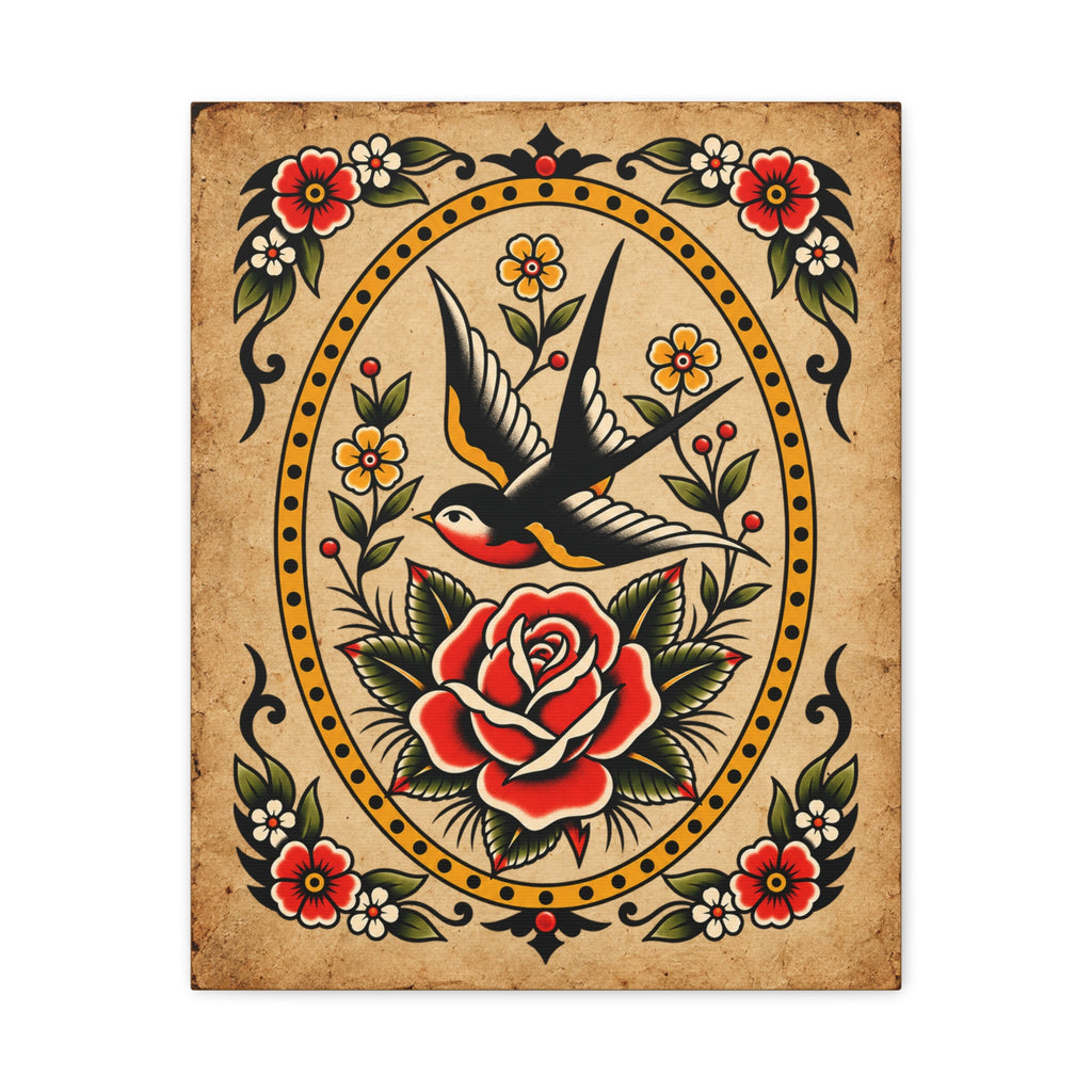 American Traditional Swallow & Rose Tattoo Flash Wall Art